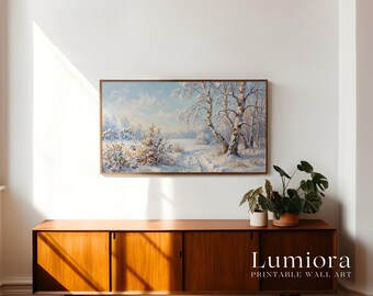 Samsung Frame TV Art Winter Landscape • Snowy Birch Tree Painting • Cozy Scandinavian Nature Decor, image 3