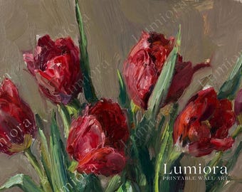 Samsung Frame TV Art Valentine's Day, Red Tulips on Neutral Background, Vintage Floral Oil Painting, Earthy Spring Decor, 4K, image 4