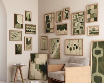 300+ Green Abstract Wall Art Set, Sage Green Gallery Wall, Mid Century Modern Prints, Japandi Decor, image 5