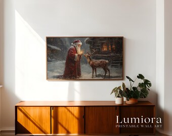 Samsung Frame TV Art Christmas Santa & Reindeer • Vintage Oil Painting • Cozy Cabin Winter Scene • Holiday Wall Art Digital Download, image 3