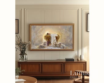 Baby Jesus in Manger TV Art, Nativity with Lambs Christian Oil Painting, Christmas Holy Night Samsung Frame TV Art, Spiritual Nursery Art, image 5