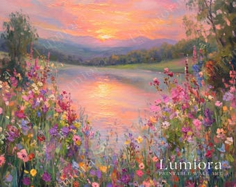 Spring Lake Sunset Samsung Frame TV Art, Wildflower Meadow Oil Painting, Nature Landscape TV Decor, 4K Digital Download, Summer Screen Art, image 7