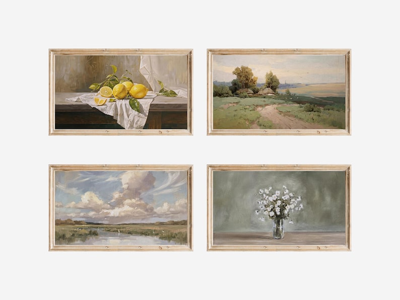 May include: Four framed vintage landscape and still life paintings. One features lemons on a table, another a rural path, a third a marshy landscape, and the last a vase of white flowers.