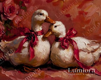 Romantic Love Ducks Samsung Frame TV Art, Vintage Oil Painting, Red Ribbons and Roses, Valentine's Day Decor, Cottagecore Aesthetic, 4K, image 7