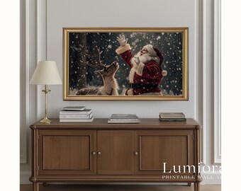 Samsung Frame TV Art Santa & Reindeer • Vintage Christmas Painting • Magical Snow Scene • Holiday Wall Art Digital Download, image 5