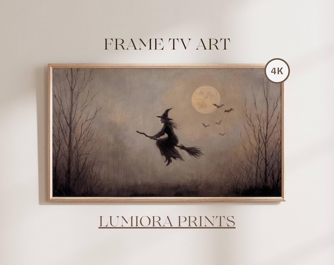 Witch Flying on Broomstick, Halloween Frame TV Art, Full…