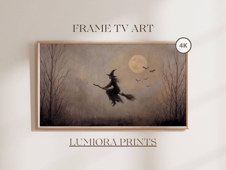 Witch Flying on Broomstick, Halloween Frame TV Art, Full Moon and Bats, Vintage Witch Oil Painting, Moody Halloween Decor, Digital Download
