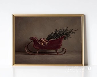 Vintage Christmas Sleigh Painting, Red Sleigh with Christmas Tree Print, Moody Holiday Wall Art, Printable Christmas Decor, Digital Download, image 3