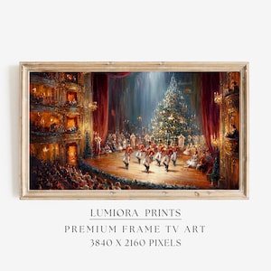 May include: A framed print depicting a stage scene with a Christmas tree, dancers, and an audience. The artwork features a warm colour palette with gold, red, and brown tones. The text at the bottom reads "LUMIORA PRINTS PREMIUM FRAME TV ART 3840 X 2160 PIXELS."