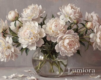 Romantic White Peonies Samsung Frame TV Art, Vintage Floral Oil Painting, Glass Vase Still Life, Neutral Grey Aesthetic, 4K Spring Decor, image 4