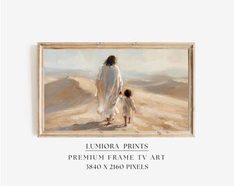 Jesus Walking with Child TV Art, Christ Leading Little One Christian Oil Painting, Divine Guidance Samsung Frame TV Art, image 1