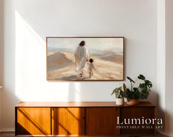 Jesus Walking with Child TV Art, Christ Leading Little One Christian Oil Painting, Divine Guidance Samsung Frame TV Art, image 3