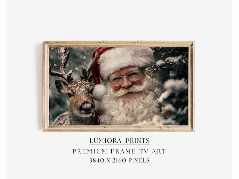 Samsung Frame TV Art Santa & Reindeer • Vintage Christmas Painting • Cozy Holida