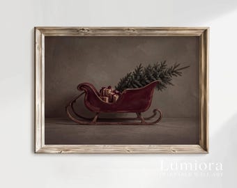 Vintage Christmas Sleigh Painting, Red Sleigh with Christmas Tree Print, Moody Holiday Wall Art, Printable Christmas Decor, Digital Download, image 6