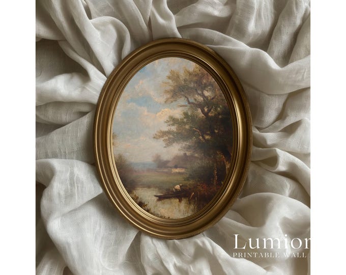Vintage River Landscape Print, Antique Boat Painting…