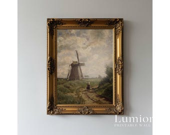 Vintage Farmhouse Wall Art, Rustic Country Landscape, Antique Field Painting, Cottagecore Decor, European Countryside Print, Nature Art, image 3
