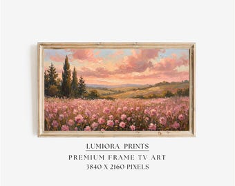 Pink Flower Field Samsung Frame TV Art, Sunset Landscape Oil Painting, Spring TV Decor, 4K Digital Download, Aesthetic Summer Screen Art, image 1
