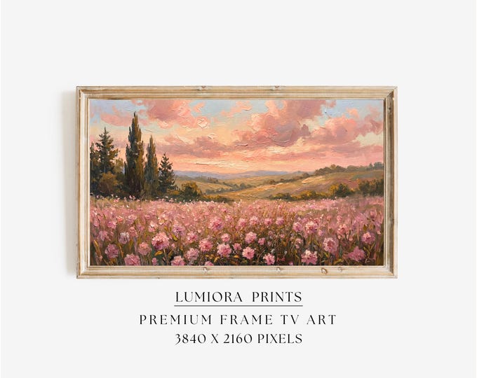 Pink Flower Field Samsung Frame TV Art, Sunset Landscape…