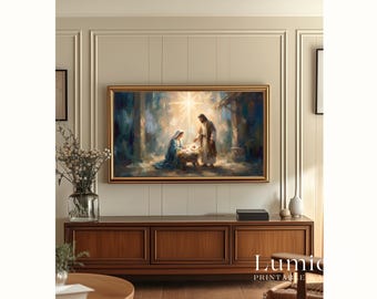 Nativity Scene Samsung Frame TV Art, The Birth of Jesus Christian Oil Painting, Holy Family Manger Wall Art, Star of Bethlehem Christmas Art, image 5