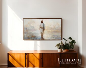 Jesus Walking on Water Samsung Frame TV Art, Christian Religious Screen Decor, Christ Miracle Oil Painting, Spiritual Faith Background, 4K, image 3