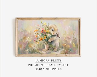 Easter Bunny with Spring Flowers Samsung Frame TV Art, Rabbit Flower Bouquet Oil Painting, 4K Digital Download, Nursery Wall Decor, image 1
