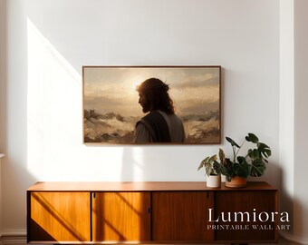 Jesus Crown of Thorns TV Art, Christ in Prayer Christian Oil Painting, Passion of Jesus Samsung Frame TV Art, Spiritual Faith Sunset Decor, image 3