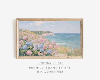 Coastal Hydrangea Samsung Frame TV Art, Summer Ocean Landscape Oil Painting, 4K, Sea Cliff Flower Decor, Aesthetic Beach Wall Art, image 1