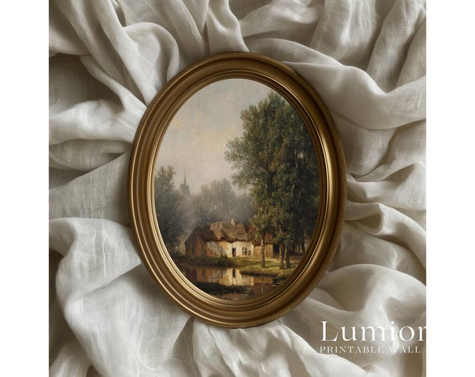 Vintage Cottage Print, Rustic Farmhouse Landscape, European…