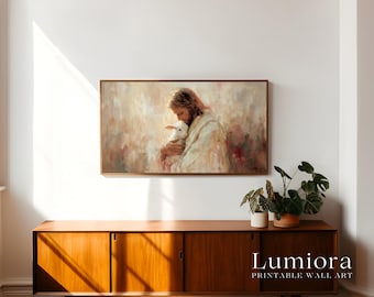 Jesus with Lamb Samsung Frame TV Art, The Good Shepherd Screen Decor, Christian Religious Oil Painting, Spiritual Faith Background, 4K, image 3