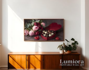 Samsung Frame TV Art Valentine's Day, Heart Shaped Chocolate Box, Pink Peonies Bouquet, Romantic Still Life, Vintage Food Oil Painting, 4K, image 3
