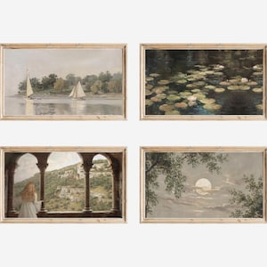 May include: Four framed vintage landscape paintings. The artworks depict serene scenes: sailboats on a lake, lily pads on water, a woman at a window, and a moonlit sky. Each painting is in a light brown wooden frame.