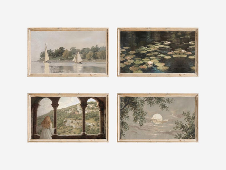 May include: Four framed vintage landscape paintings. The artworks depict serene scenes: sailboats on a lake, lily pads on water, a woman at a window, and a moonlit sky. Each painting is in a light brown wooden frame.