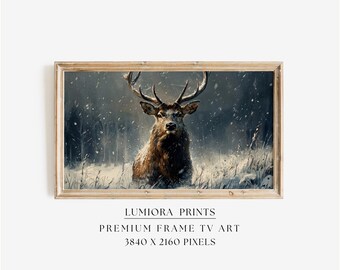 Samsung Frame TV Art Winter Deer • Rustic Woodland Stag Painting • Nordic Christmas Cabin Decor • Cozy Winter Wall Art Digital Download, image 1