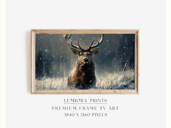 Samsung Frame TV Art Winter Deer • Rustic Woodland Stag Painting • Nordic Christ