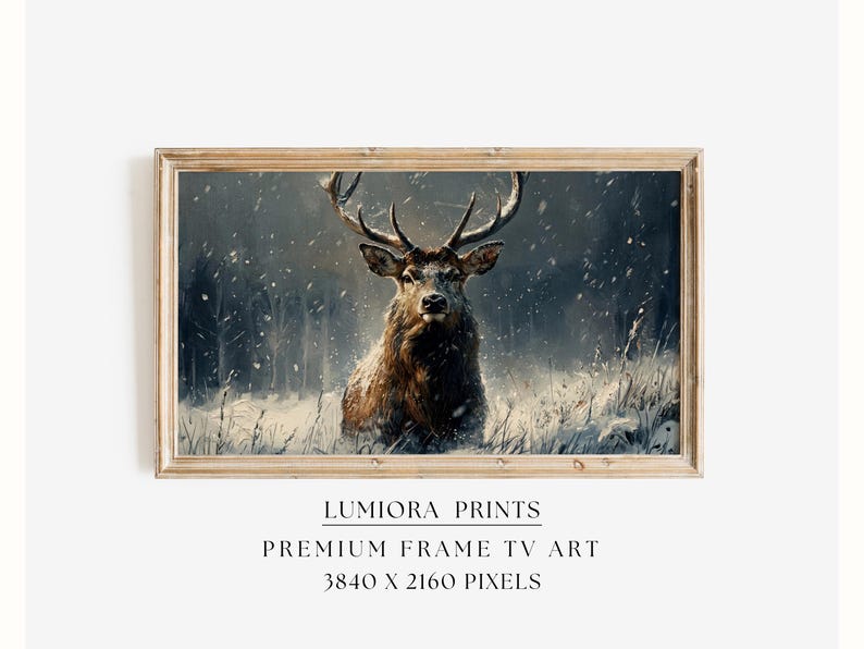 Samsung Frame TV Art Winter Deer • Rustic Woodland Stag Painting • Nordic Christ