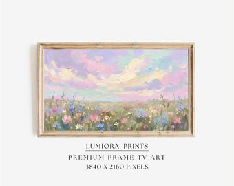 Spring Meadow Samsung Frame TV Art, Pastel Sky Wildflower Landscape Oil Painting, 4K Digital Download, Cottagecore Screen Art, Easter Decor