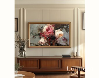 Romantic Pink Roses Samsung Frame TV Art, Abstract Floral Oil Painting, Textured Wildflower Still Life, Impressionist Decor, 4K, image 5