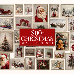 May include: A collection of framed Christmas wall art prints featuring Santa Claus, reindeer, a decorated tree, a gingerbread man, a nutcracker, sleighs, and winter landscapes. The central red graphic displays the text 800+ CHRISTMAS WALL ART SET.