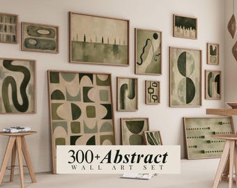 300+ Green Abstract Wall Art Set, Sage Green Gallery Wall, Mid Century Modern Prints, Japandi Decor, image 1