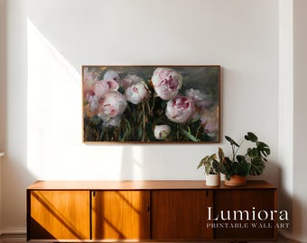 Romantic Pink Peonies Samsung Frame TV Art, Moody Floral Oil Painting, Gold Accent Botanical Decor, Textured Abstract Flower Field, 4K, image 3