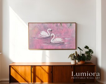Romantic Pink Swan Lake Samsung Frame TV Art, Vintage White Swans Oil Painting, Soft Pastel Pond Decor, Impressionist Nature Wall Art, 4K, image 3