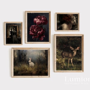 May include: Five framed vintage-style art prints are displayed. The prints feature botanical and animal themes, including a deer, a rabbit, and dark red peonies. The art pieces are in wooden frames, creating a cohesive gallery wall aesthetic.