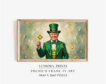 St. Patrick’s Day Samsung Frame TV Art, Lucky Charm Oil Painting, Green Hat & Golden Clover, Irish Holiday Celebration Wall Art, 4K, image 1