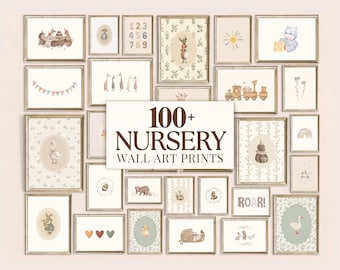 100+ Neutral Nursery Prints, Vintage Baby Room Decor, Boho Nursery Wall Art, Animal Poster Bundle, image 1