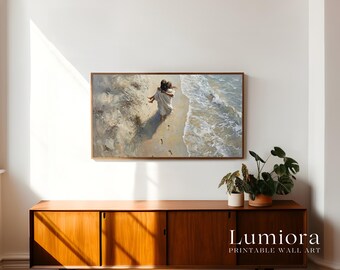 Footprints in the Sand Samsung Frame TV Art, Jesus Carrying Person on Beach Screen Decor, Christian Religious Oil Painting, 4K, image 3