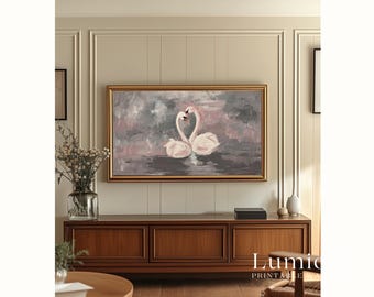 Romantic Swan Couple Samsung Frame TV Art, Abstract Love Heart Symbol, Impressionist Oil Painting, Neutral Grey and Pink Valentine's Decor, image 5