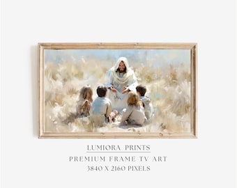 Jesus with the Children TV Art, Christ’s Love and Blessings Christian Oil Painting, Savior and Kids Samsung Frame TV Art, image 1