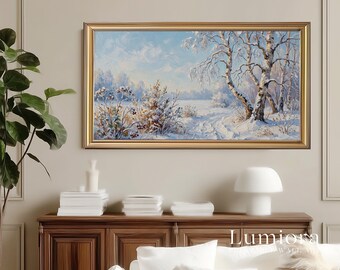 Samsung Frame TV Art Winter Landscape • Snowy Birch Tree Painting • Cozy Scandinavian Nature Decor, image 5