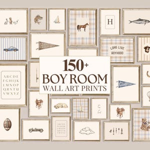 May include: A collection of framed wall art prints featuring illustrations of animals, sports equipment, vehicles, and letters. The central text reads 150+ BOY ROOM WALL ART PRINTS. The prints include plaid and striped patterns in neutral tones.