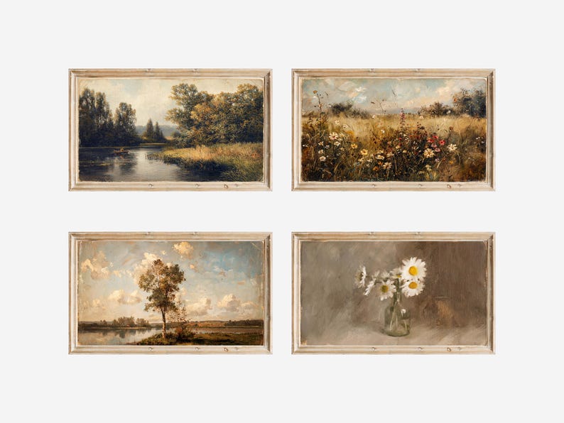May include: Four framed landscape paintings. One depicts a river scene with trees, another a field of wildflowers, a third a lone tree by a lake, and the last a vase of daisies. The frames are light-colored wood.